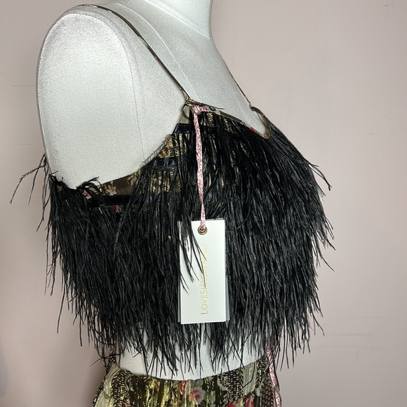 LOVESHACKFANCY Set Dusty Crop Cami Midnight Ruby & Risha Feather Trim Mini Skirt - Picture 9 of 17